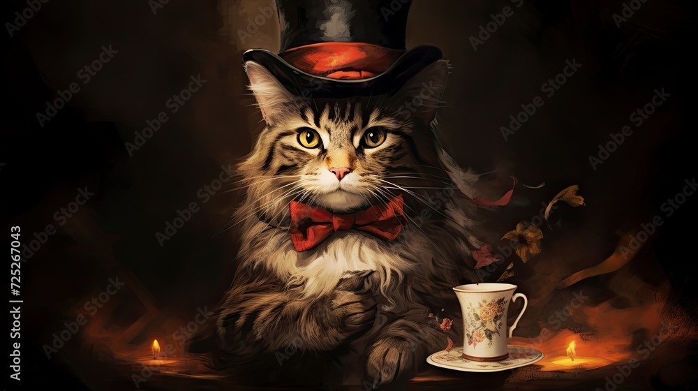 A magician cat with a top hat, pulling a tiny rabbit out of it.