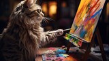 A painter cat with a palette, creating colorful strokes on canvas.