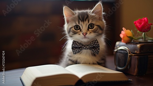 A tiny calico cat wearing a tiny bowtie and holding a mini book. © Galib