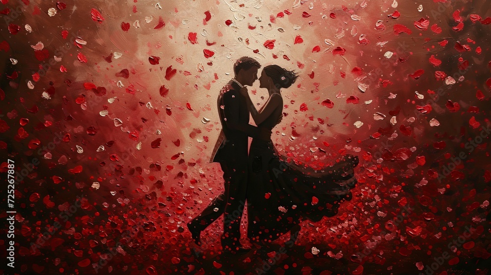 A couple celebrating Valentine's Day took pre-wedding photos showered with red roses which symbolize love