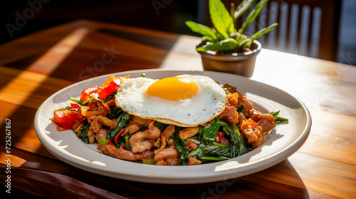 Stir-Fried Pork with Egg on Rice Dish : Stir-fried pork and vegetables topped with a sunny side up egg, served on a plate in natural light.

 photo