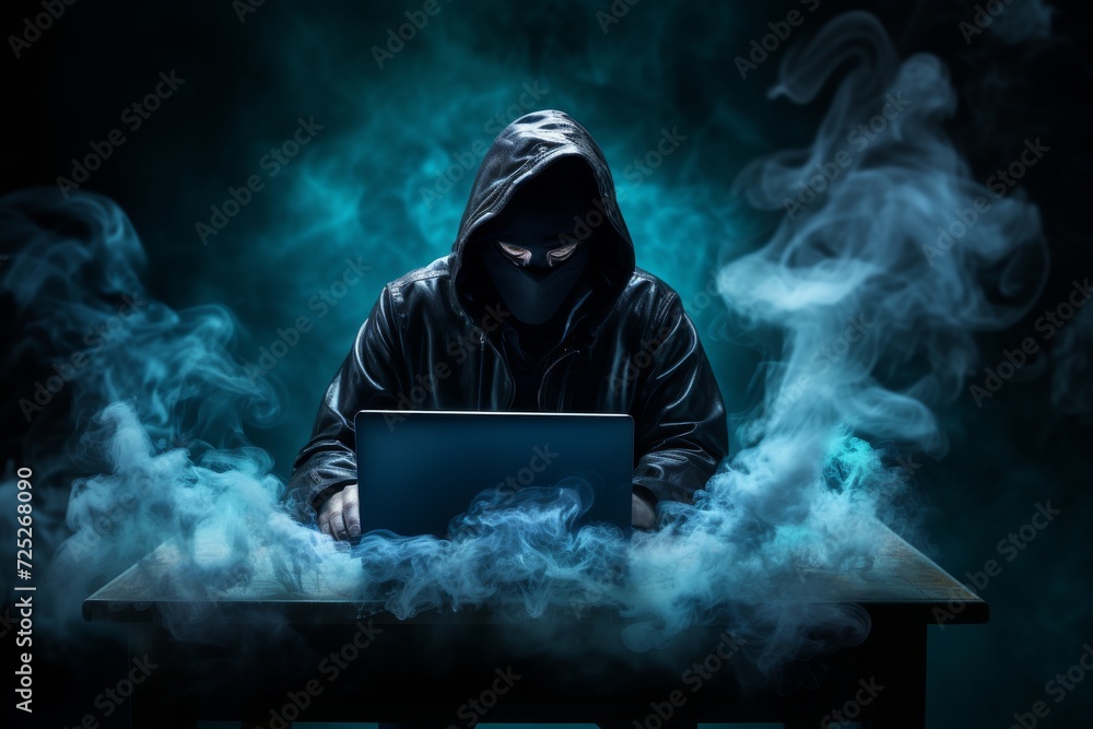 A masked and hooded hacker intently typing on a laptop, attempting to breach computer systems amid a dark backdrop of mysterious neon smoke. Generative AI. A masked and hooded hacker intently typing on a laptop, attempting to breach computer systems amid a dark backdrop of mysterious neon smoke. Generative AI.