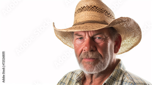 Man with straw hat and farmers clothing isolated on a white background
