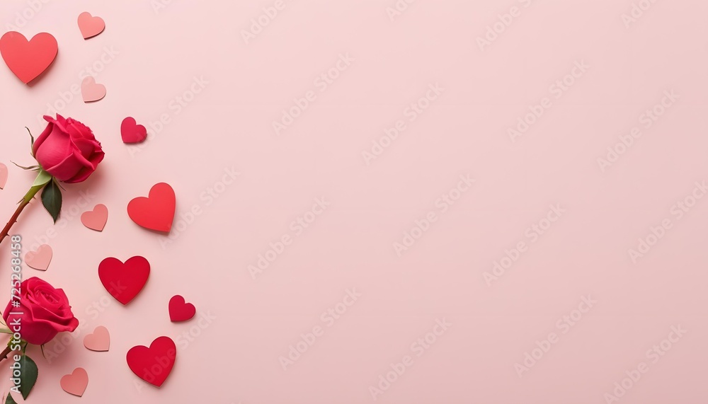 Roses with hearts on a pink background with copy space