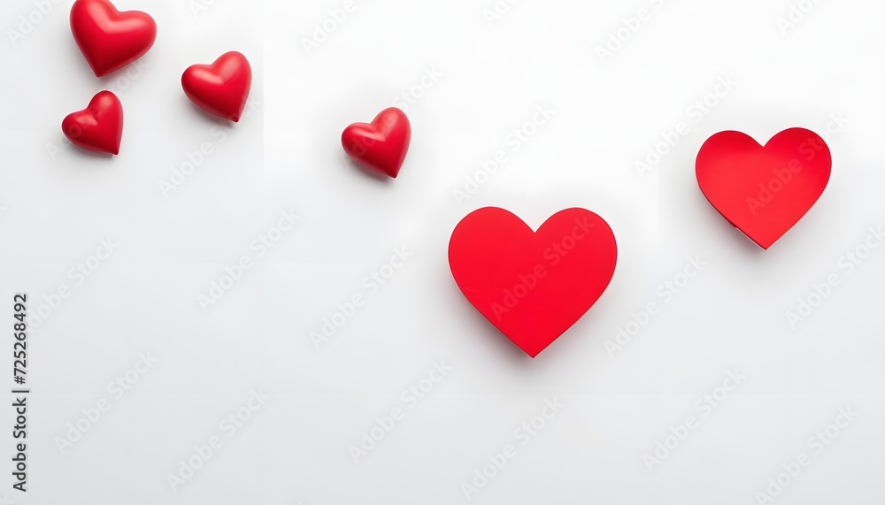 Red hearts are lined up on a white background
