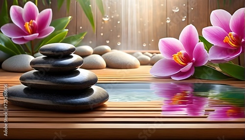 Natural alternative therapy. Spa treatment kit with massage stones and pink orchids on gray background