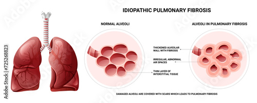 Pulmonary fibrosis and normal lung tissue differences infographic. Vector illustration isolated on white background photo