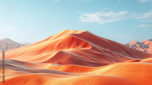  a desert landscape with sand dunes and mountains in the distance, with a blue sky and clouds in the background.