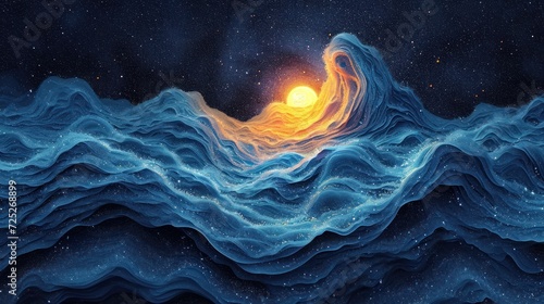  a painting of an ocean wave with a bright sun in the middle of the ocean and stars in the sky. © Olga