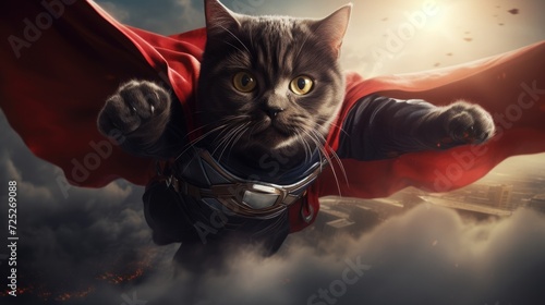 A superhero cat flying through the air with a determined expression. © Galib