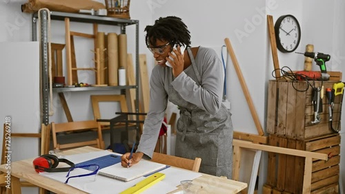 African american woman in a carpentry workshop, on a phone call, with safety glasses and woodworking equipment around. photo