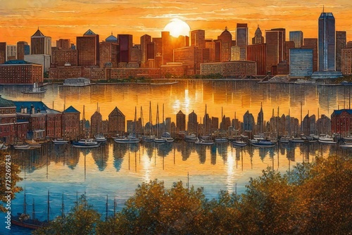 High above the Inner Harbor skyline of Baltimore, Maryland, USA, the cityscape unfolds like a living mosaic. The tranquil waters of the harbor reflect the myriad colors of the setting sun photo