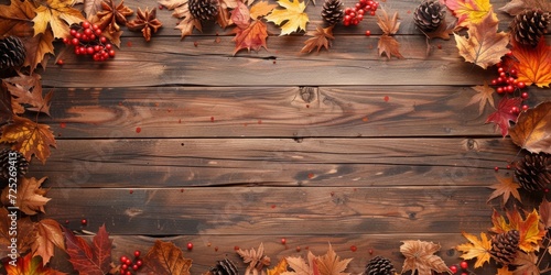 Festive fall foliage, pumpkins, and gourds background frame on rustic wooden vintage floor. Autumn wallpaper with space for text. photo