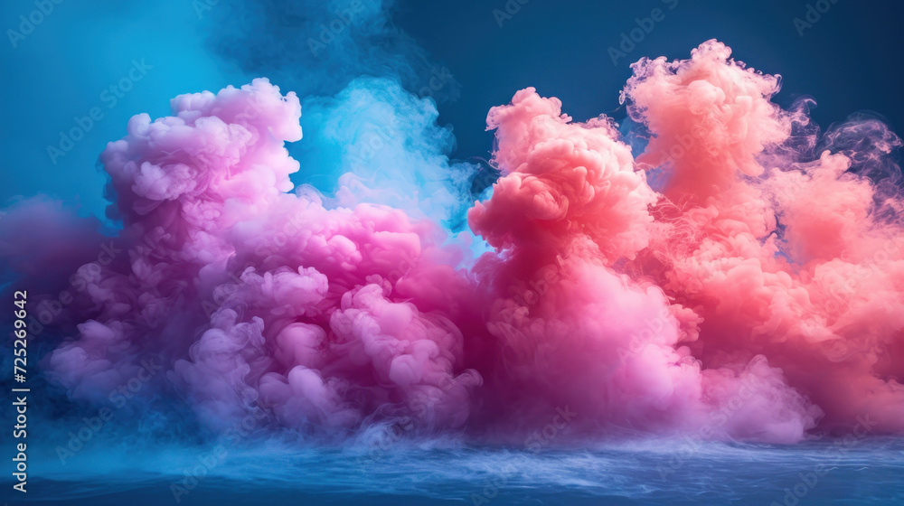  a group of pink and blue clouds floating in the air over a body of water with a blue sky in the background.