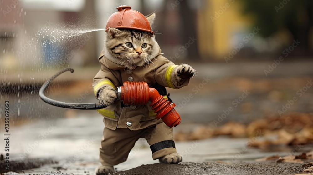 A firefighter cat extinguishes a fire with a toy hose.
A firefighter cat extinguishes a fire with a toy hose.