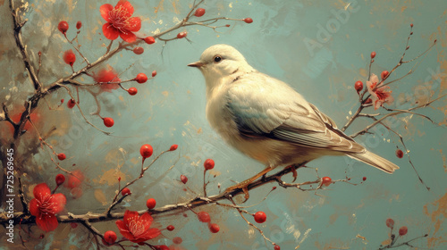 Retro Style Beautiful Bird with Crimson Flowers Artwork © oxart_studio