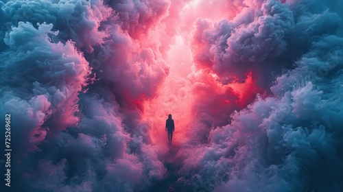  a man standing in the middle of a cloud filled sky with a red light at the end of the tunnel.