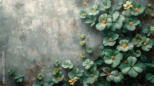  a close up of a plant with leaves and flowers on a concrete surface with a gray wall in the background. © Olga