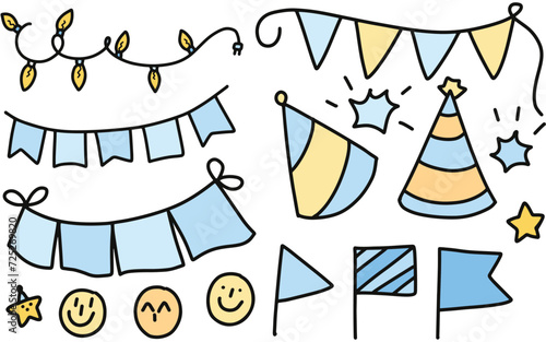 party theme line art set. hand drawn doodles