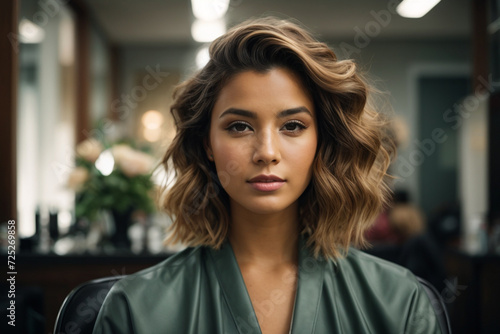 Young woman in a hairdresser's chair portrait.