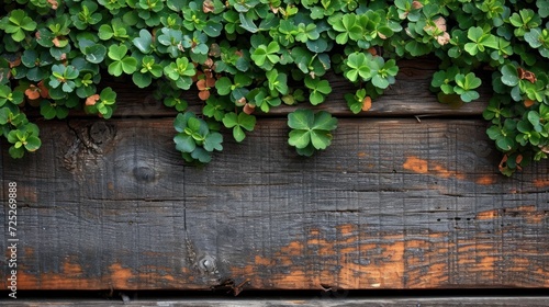  a close up of a wooden fence with green plants growing on the side of the fence and on the side of the fence.