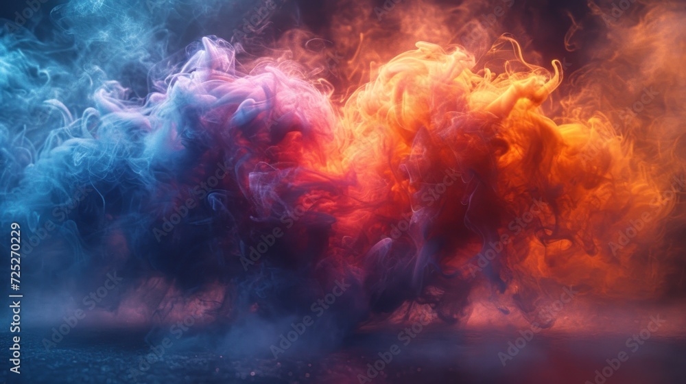 a group of colorful smokes on a black background with a red, orange, and blue smoke cloud in the foreground.