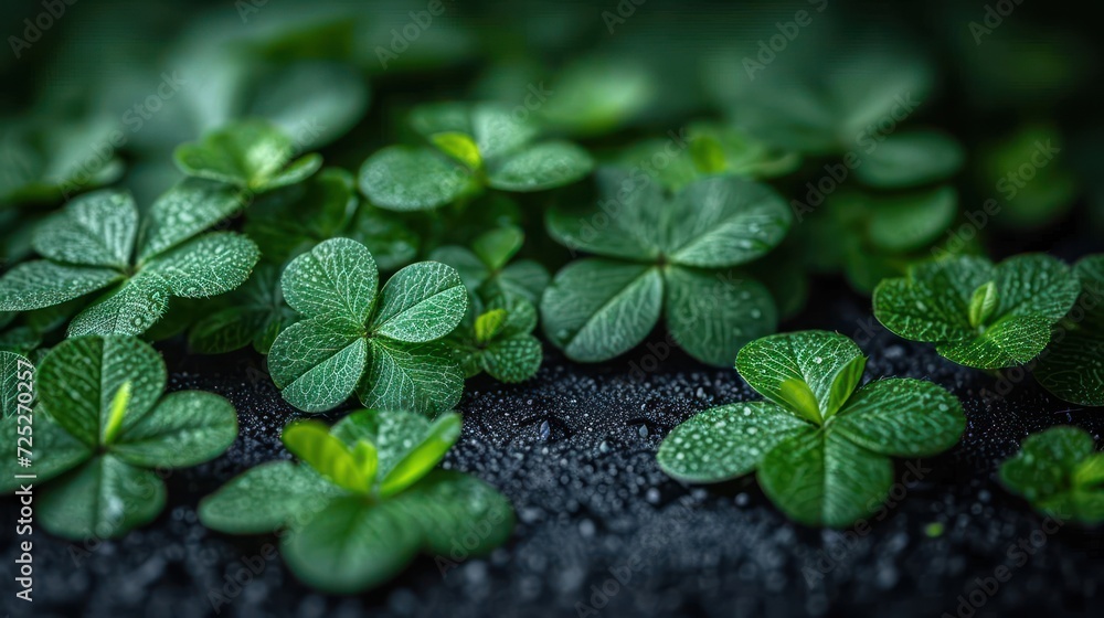 a group of green leaves sitting on top of a black surface with drops of water on the top of them. a group of green leaves sitting on top of a black surface with drops of water on the top of them.
