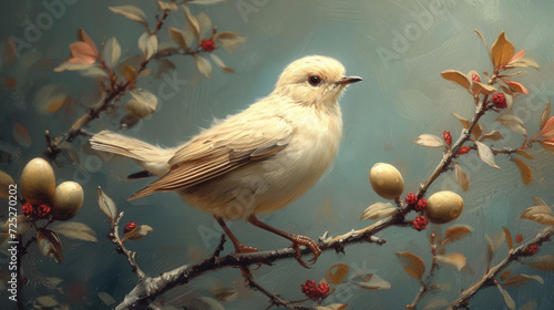 Vintage Illustration of Pale Bird on Branch 