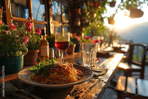 A plate of Italian spaghetti with tomato sauce and parmesan and a glass of red wine on a wooden table. Cozy summer terrace overlooking picturesque Mediterranean seascape.