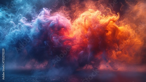 a group of colorful smokes on a black background with a red  orange  and blue smoke cloud in the foreground.