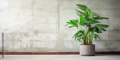 Large potted green plant on concrete floor, near old white brick wall with windows.