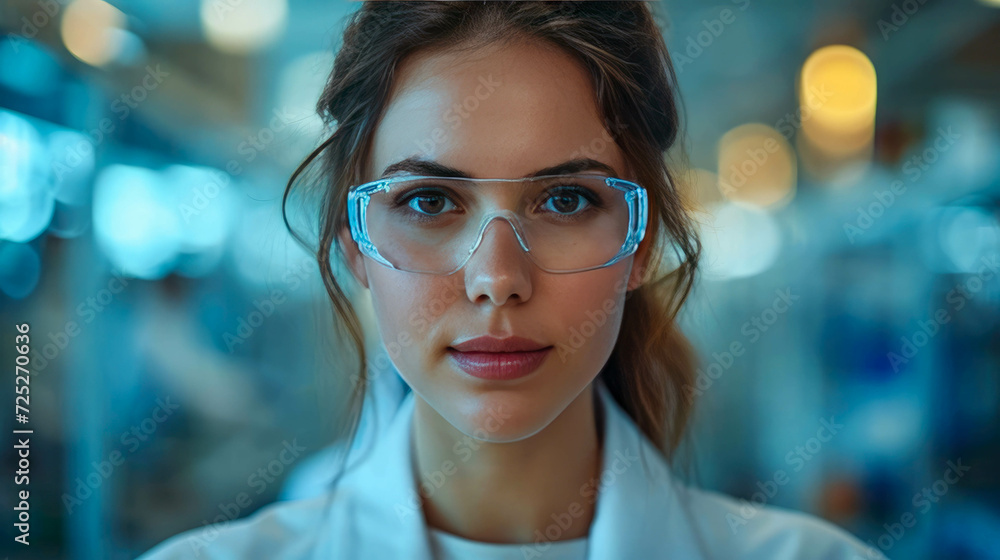 Close-up portrait of a beautiful young woman scientist in a white coat and glasses Close-up portrait of a beautiful young woman scientist in a white coat and glasses