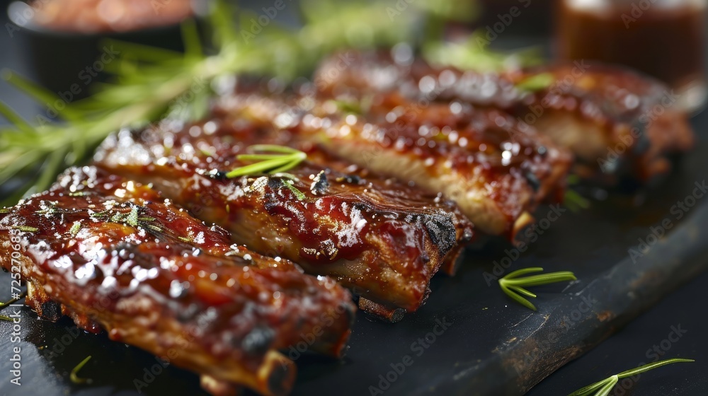 Close-up of delicious fried ribs glazed in honey and soy sauce on a wooden serving board. American BBQ pork ribs. Background image for the menu. Close-up of delicious fried ribs glazed in honey and soy sauce on a wooden serving board. American BBQ pork ribs. Background image for the menu.