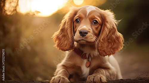 A confident cocker spaniel pup with expressive eyes and a wagging tail. photo