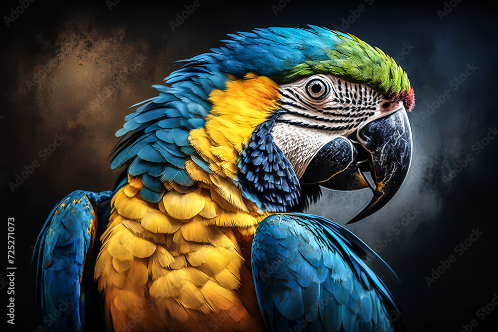 Blue and yellow macaw close=up. Generative AI	
