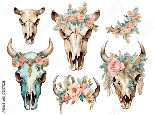 Watercolor buffalo skull with floral ornament. Hand painted cow skull illustration. southwestern wedding design elements