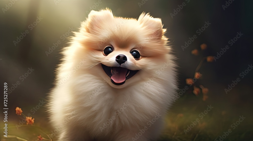 A spunky pomeranian pup with a mischievous grin and a wagging tail.
