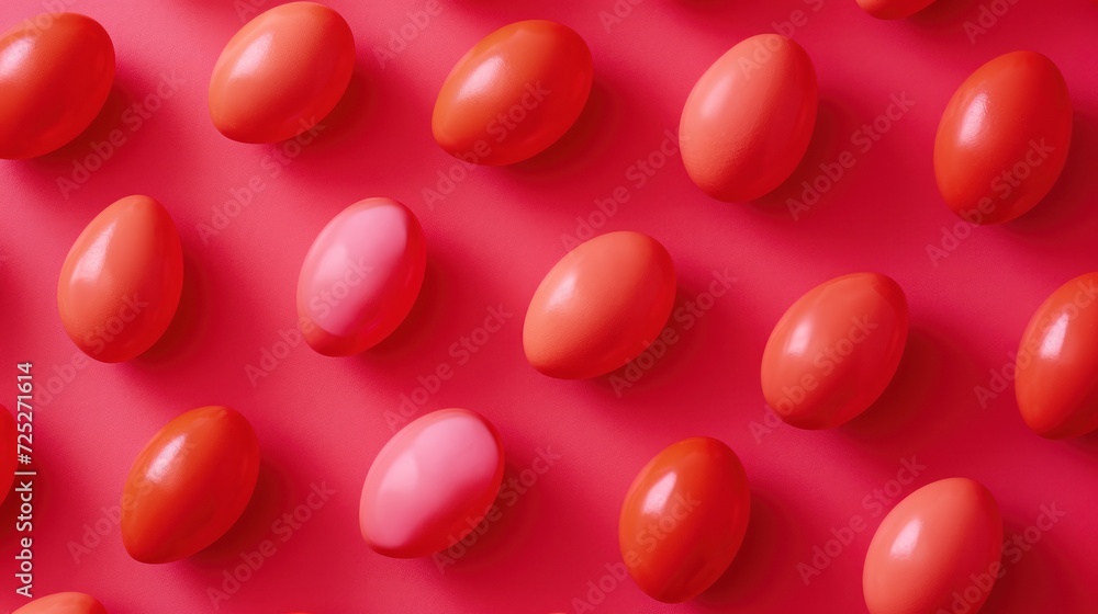 a group of red eggs sitting on top of a red surface in front of a bright red wall with a pattern of red eggs. a group of red eggs sitting on top of a red surface in front of a bright red wall with a pattern of red eggs.