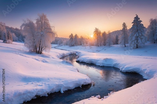 Beautiful view of Winter landscape at sunset © StockArtEmpire.AI