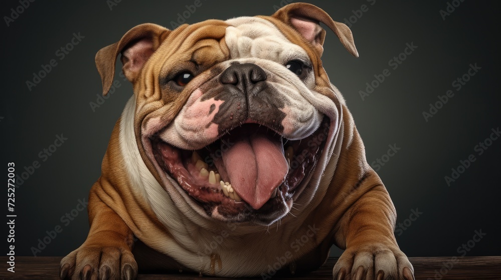 A chubby bulldog with a goofy grin and a tongue sticking out.