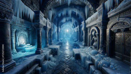 A dark and creepy subway world encased in ice, designed for an adventure photo