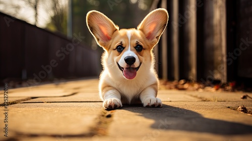 A curious corgi pup with oversized ears and a wagging tail.