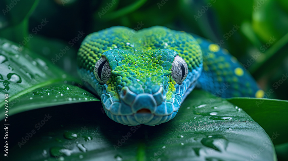 Deadly snake looking into the camera. Exotic snake look at you. Snake eyes. Reptile predator. Aggressive snake face close up. Beautiful abstract wallpaper