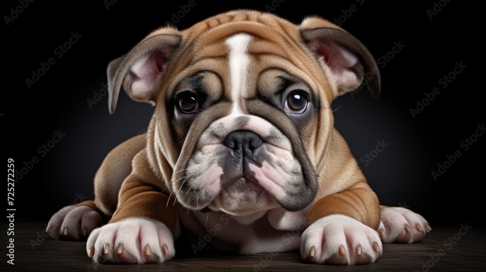 A confident bulldog pup with a strong build and a determined expression.