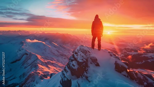 Adventurous hiker on a mountain peak at sunrise with majestic snow-covered peaks and vibrant skies in the background, symbolizing exploration and achievement