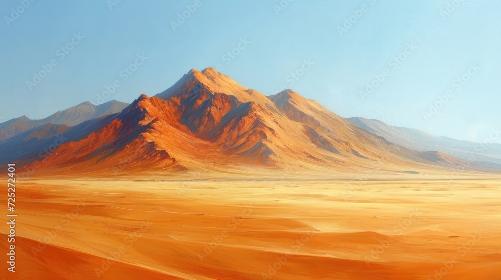 Naklejka premium a painting of a desert landscape with a mountain in the distance and a blue sky in the middle of the picture.