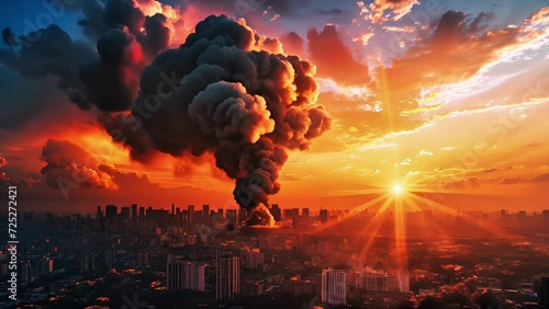 Dramatic urban landscape at sunset with a large plume of smoke over the city skyline, implying a disaster or emergency situation photo