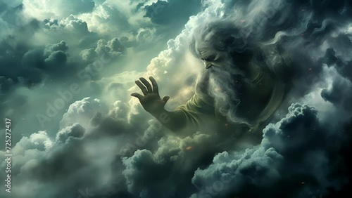 Ethereal digital artwork of an ancient, bearded deity figure among clouds, symbolizing mythological or religious concepts photo