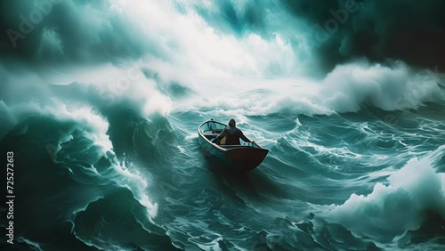 Solitary individual in a small boat facing tumultuous sea waves, depicting challenge and adversity with dramatic lighting and dark tones photo