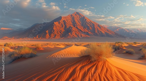 a desert scene with a mountain in the distance and a few bushes growing out of the sand in the foreground.